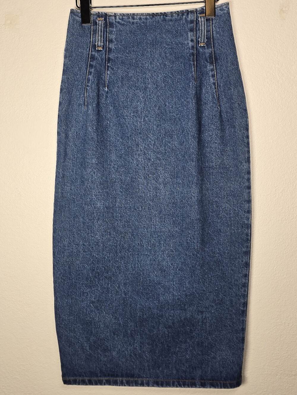 VTG Stuffed Shirt Denim Midi Skirt Sz 7/8 Made in USA High Waist Star Snap